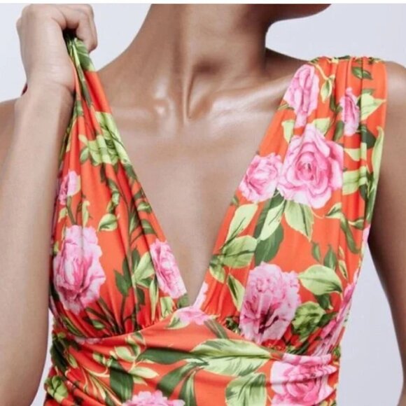 Zara NWT Orange Floral Stretch Deep V Neck Sleeveless Draped Bodysuit Medium - Picture 4 of 16